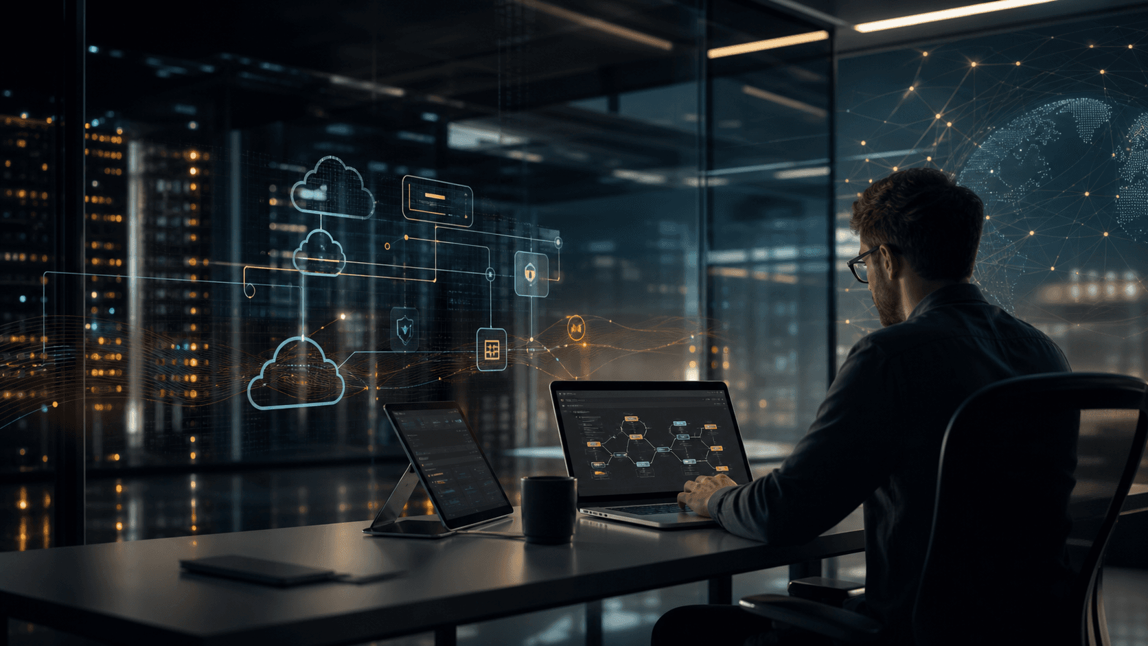 KingPin Tech engineer working on a complex cloud system at night